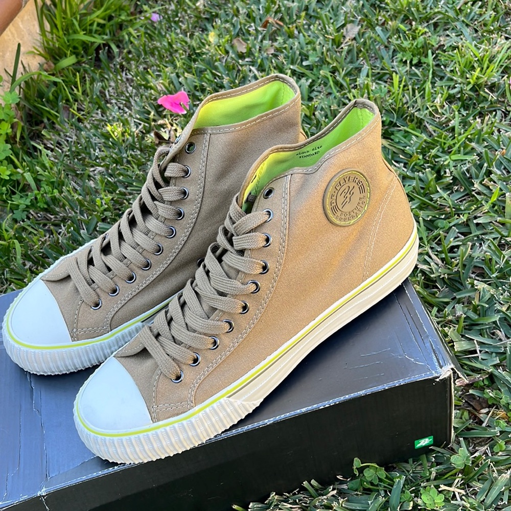 P.F. Flyers Tan High-Top Canvas Sneakers with Lime Green Lining